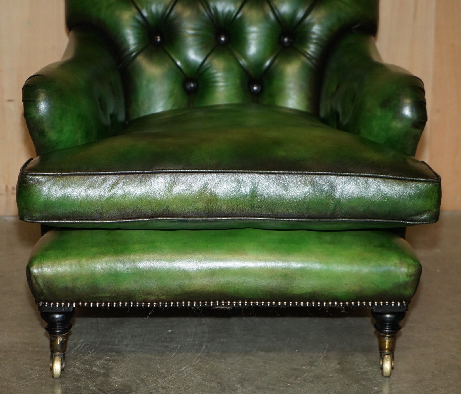 Pair Of Antique Howard & Son's Bridgewater Chesterfield Green Leather Armchairs photo buy