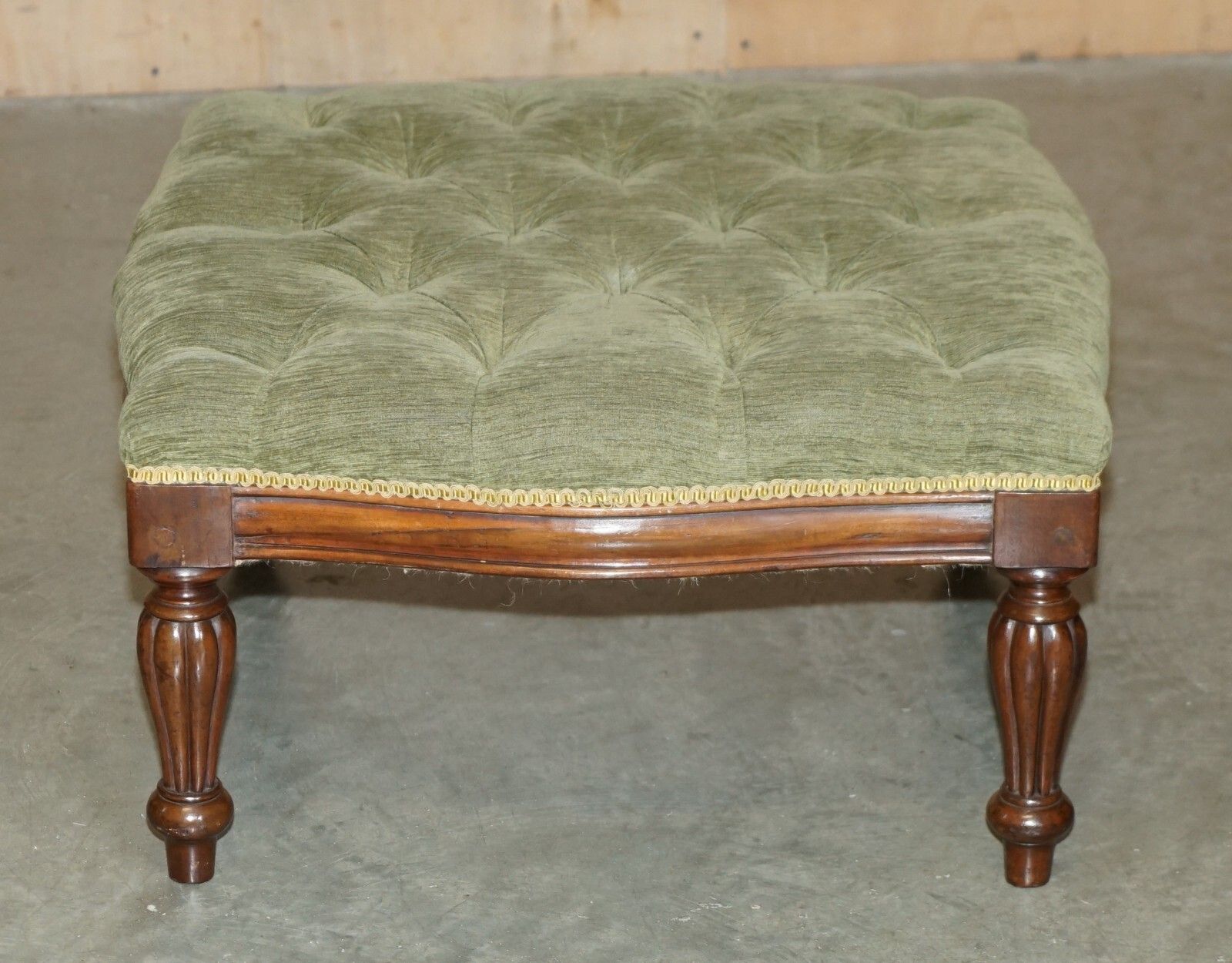 Vintage Mahogany Framed Green Velour Chesterfield Tufted Large Footstool Ottoman photo furniture