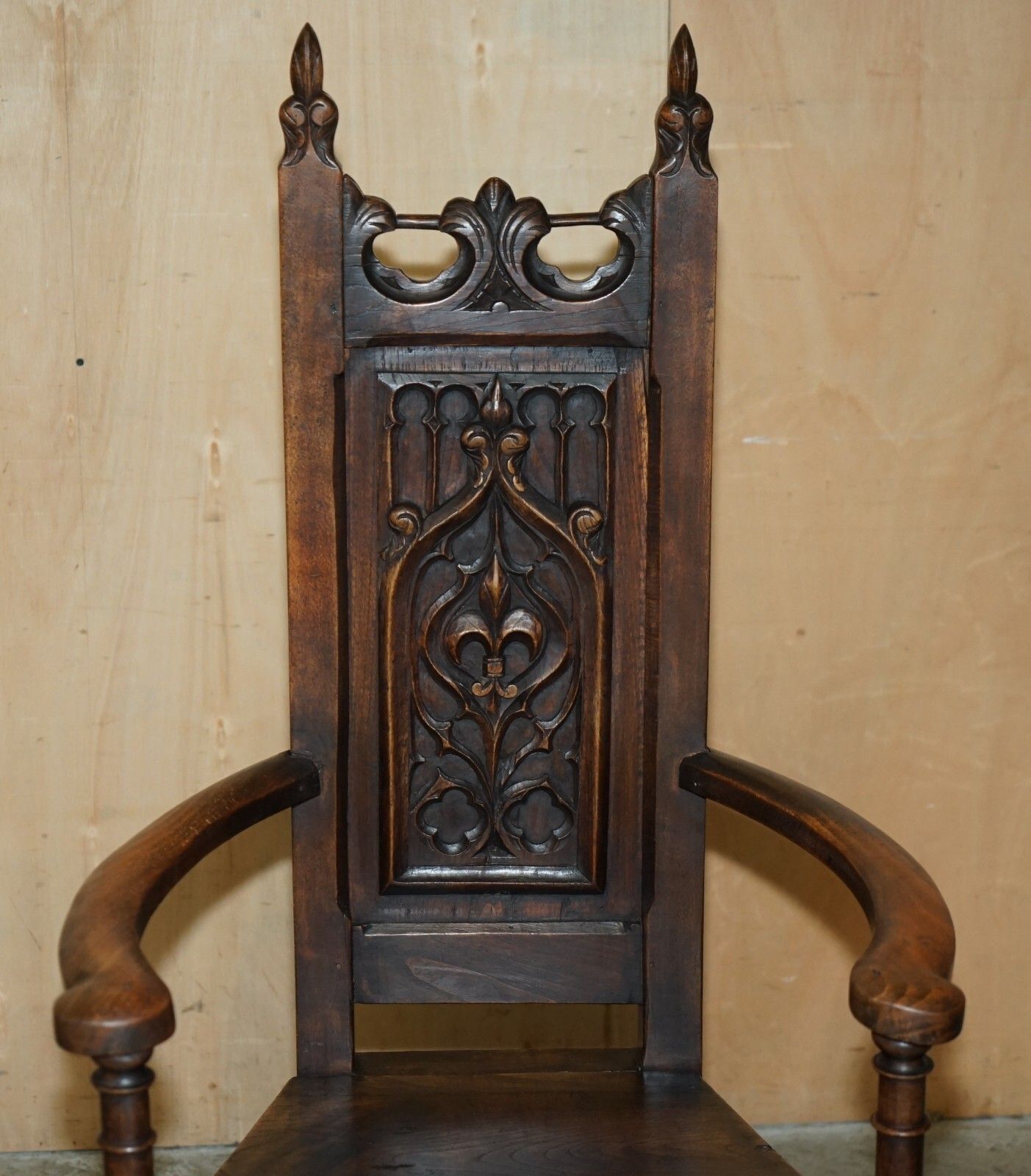 Lovely Gothic Revival Hand Made In England Oak Throne Armchair With Steeple Back photo for sale