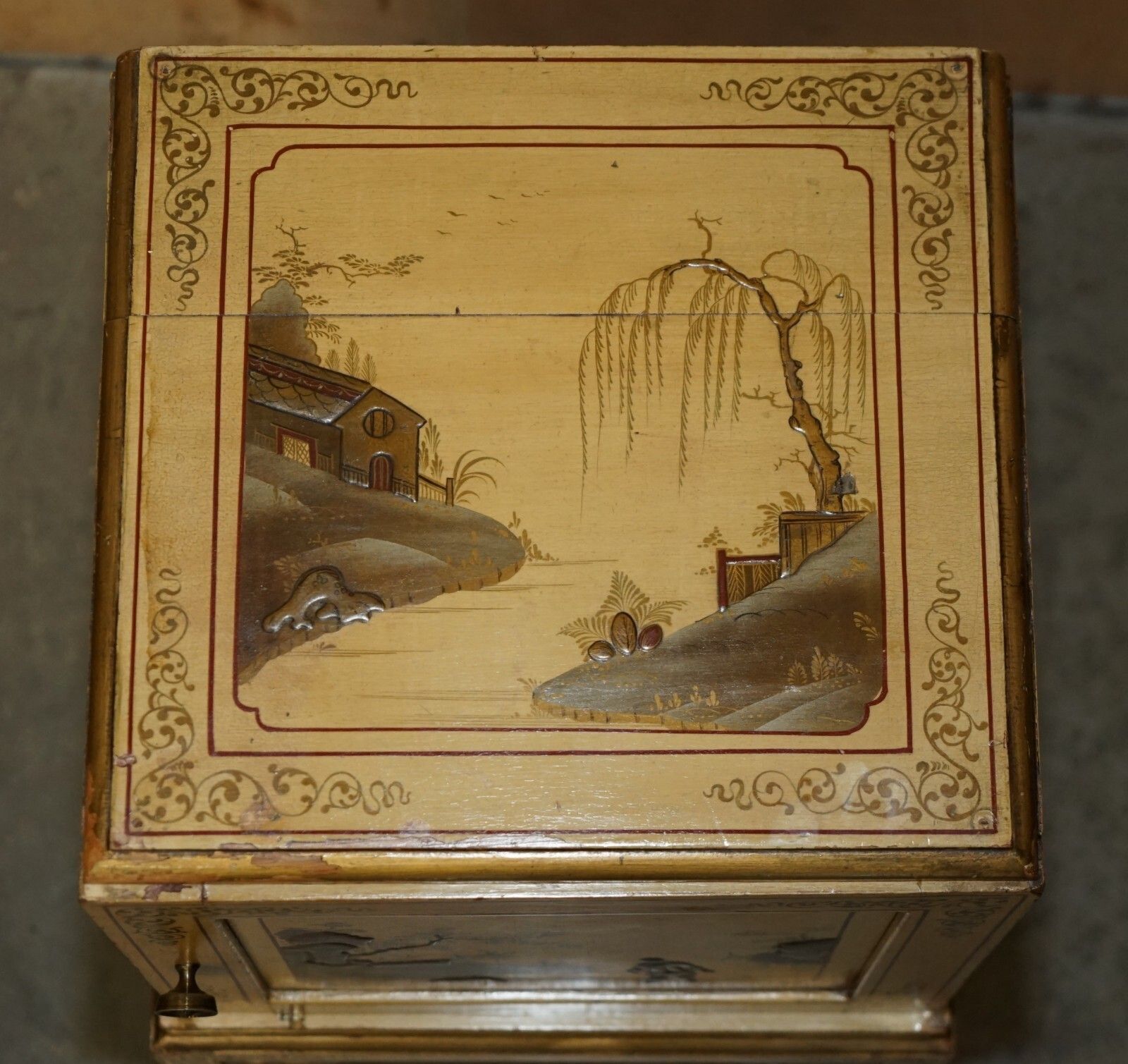 Pair Of Antique Chinese Export Hand Painted & Lacquered Nightstands Side Tables photo vintage