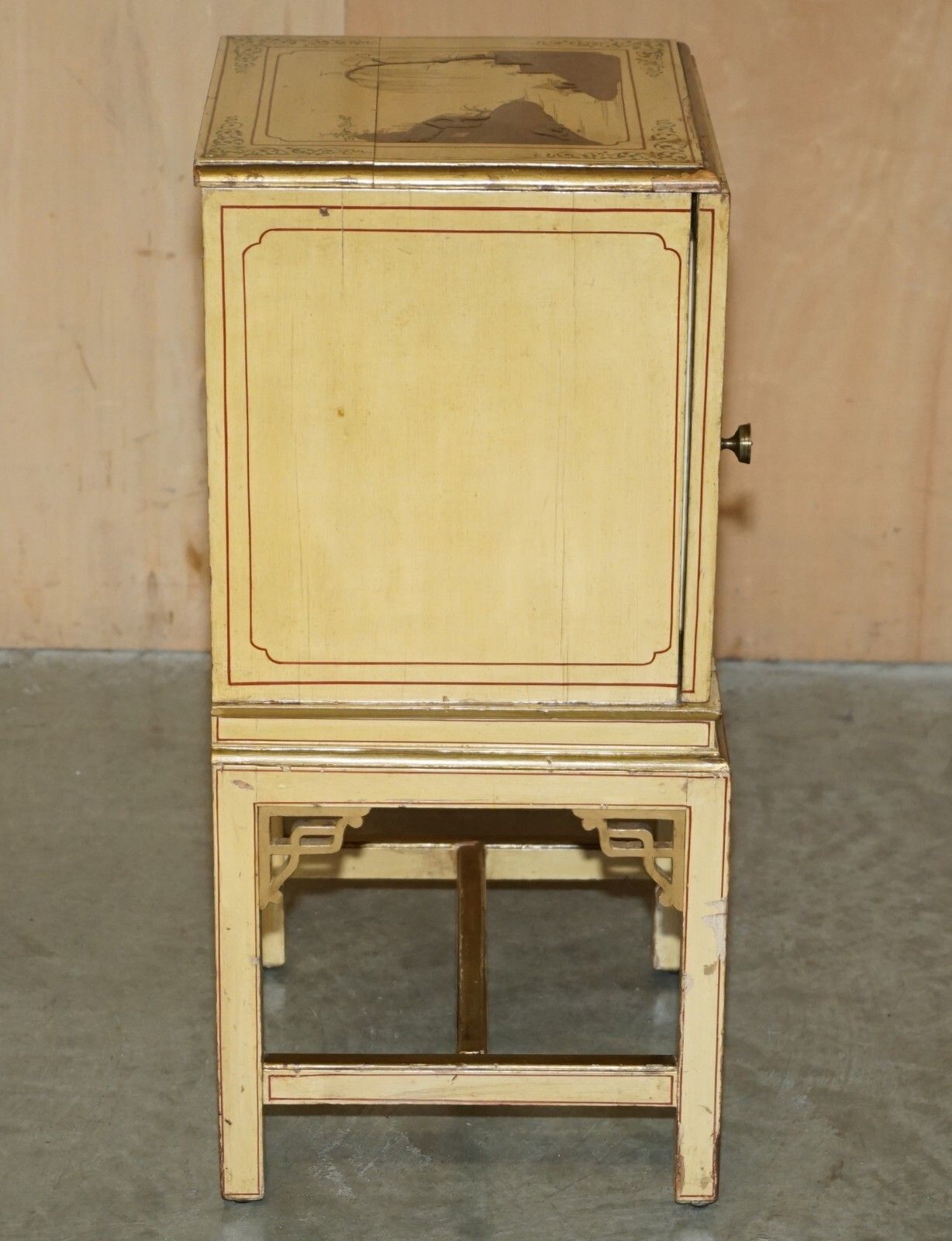 photo for sale Pair Of Antique Chinese Export Hand Painted & Lacquered Nightstands Side Tables