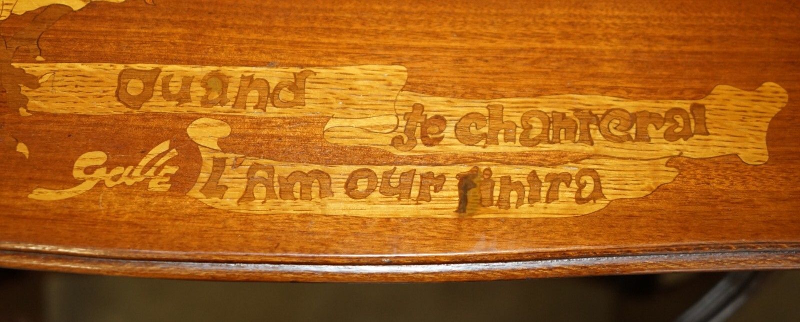 photo for sale Very Rare Emile Galle Romantic Specimen Wood Table "When I Sing, Love Will End"