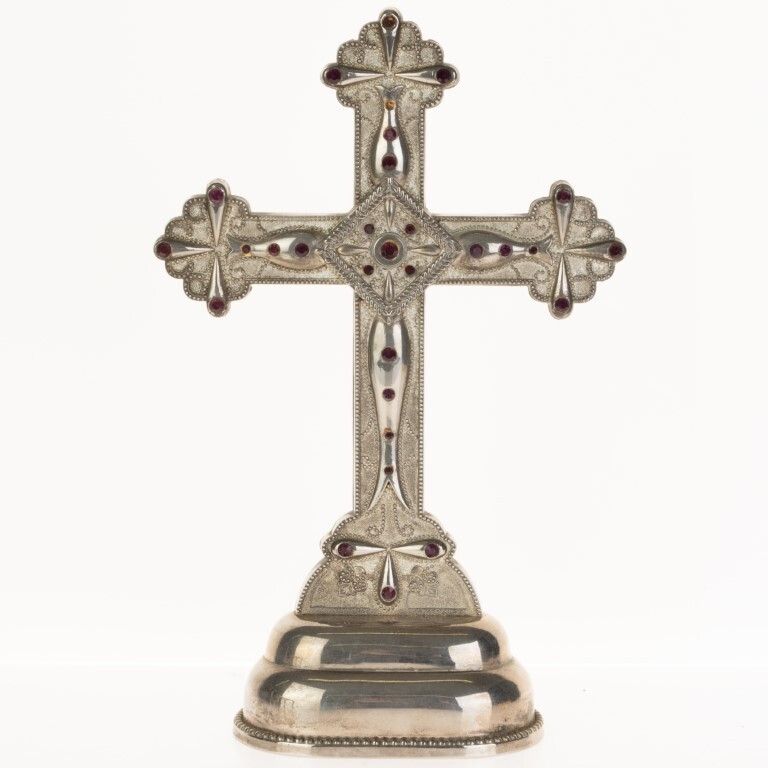 Antique Silver Plated Religious Crucifix Inlaid With Amethysts