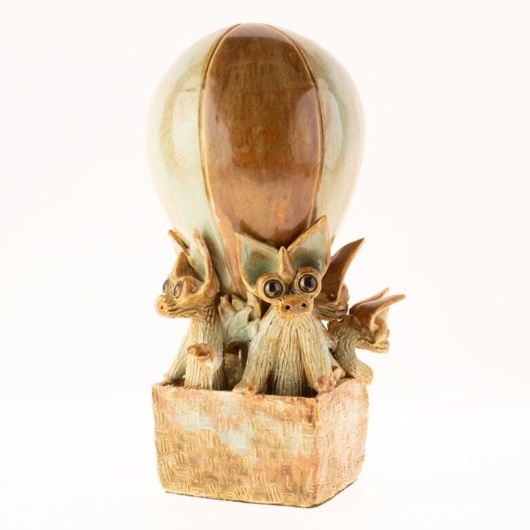Vintage Studio Ceramic Pottery Sculpture Dragons In Air Balloon