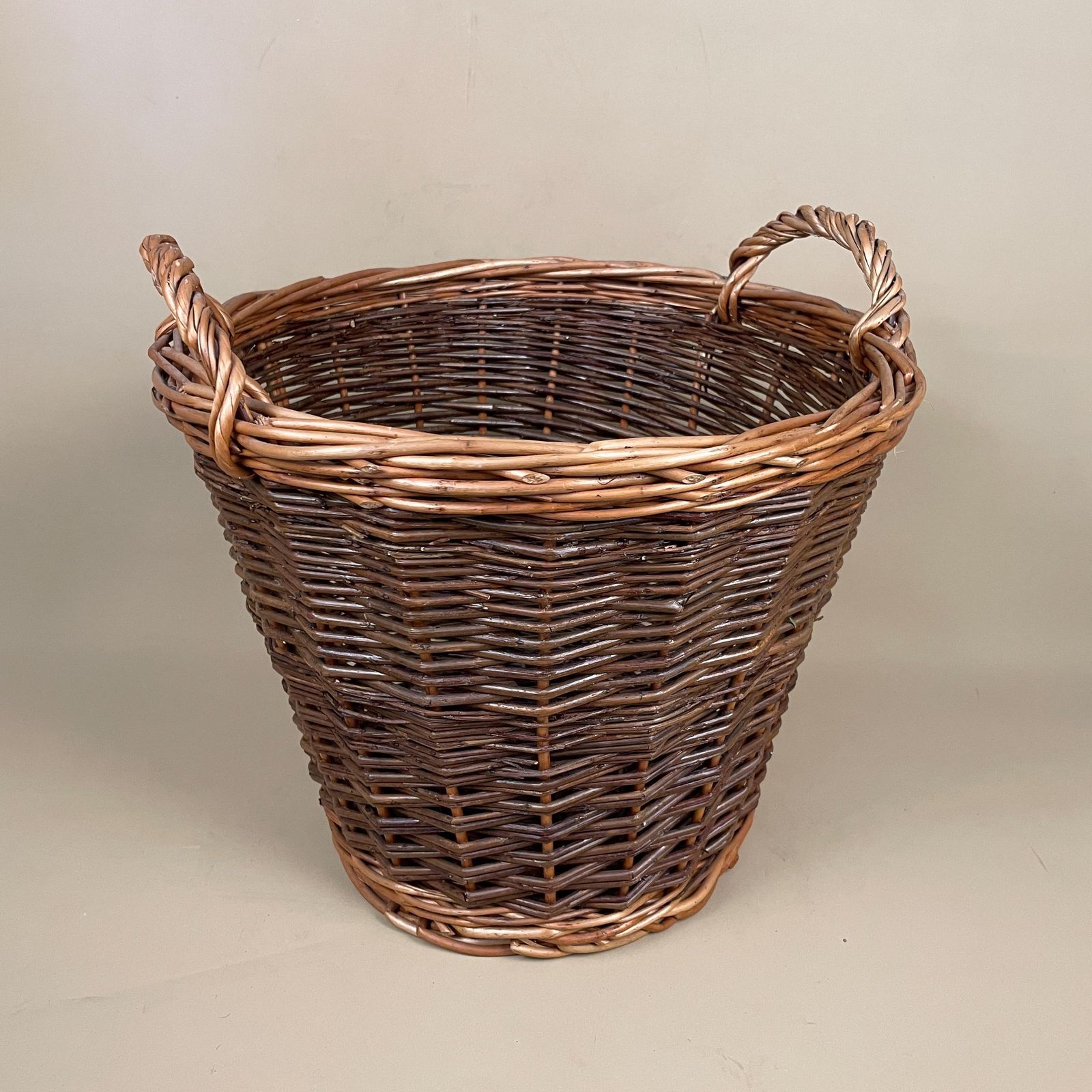 Vintage Round Basket Woven Wicker Brown Antique Storage Farmhouse Cottage Decor Cane Wood Handles Logs Fireplace Fire Side 2 Tone photo furniture