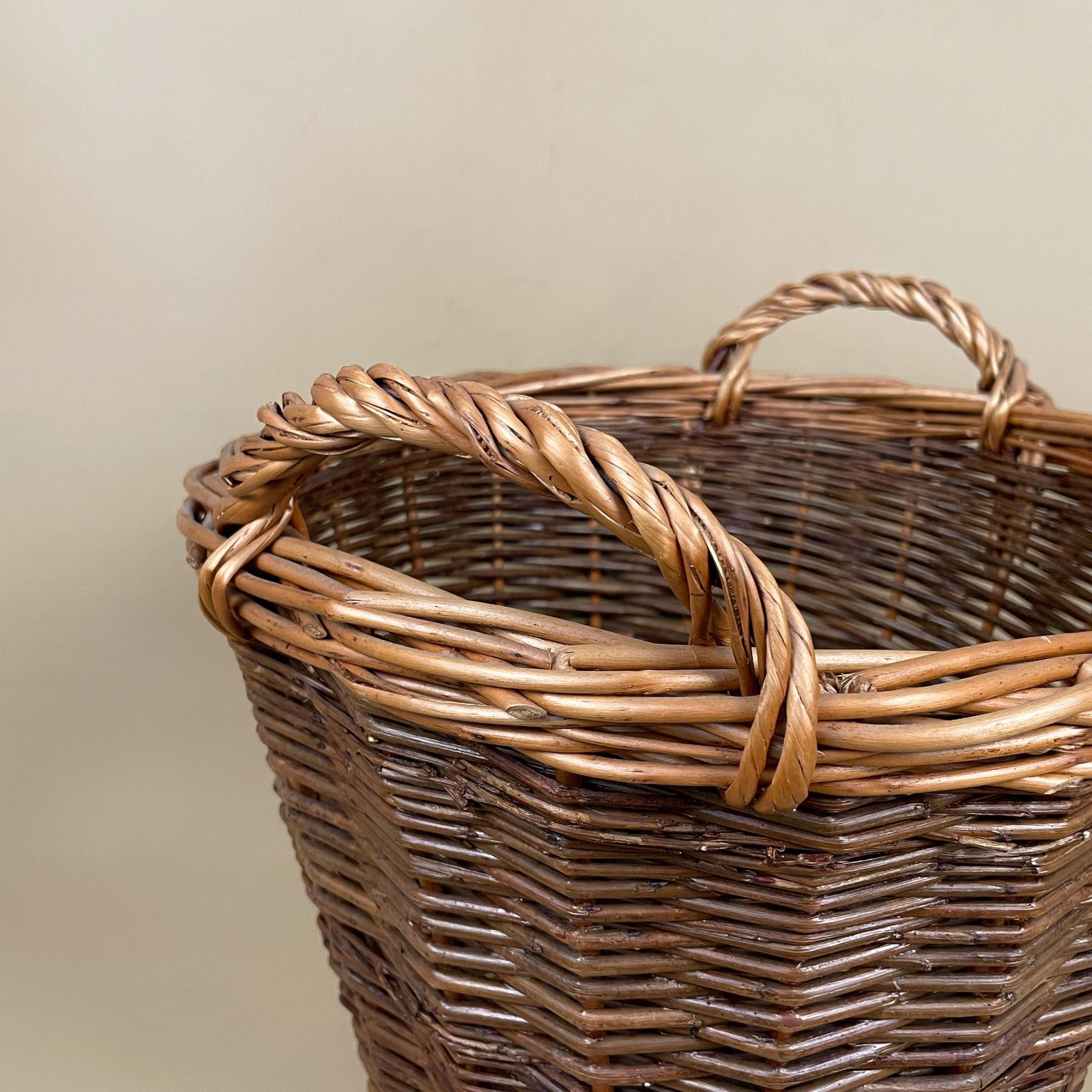 Vintage Round Basket Woven Wicker Brown Antique Storage Farmhouse Cottage Decor Cane Wood Handles Logs Fireplace Fire Side 2 Tone photo for sale