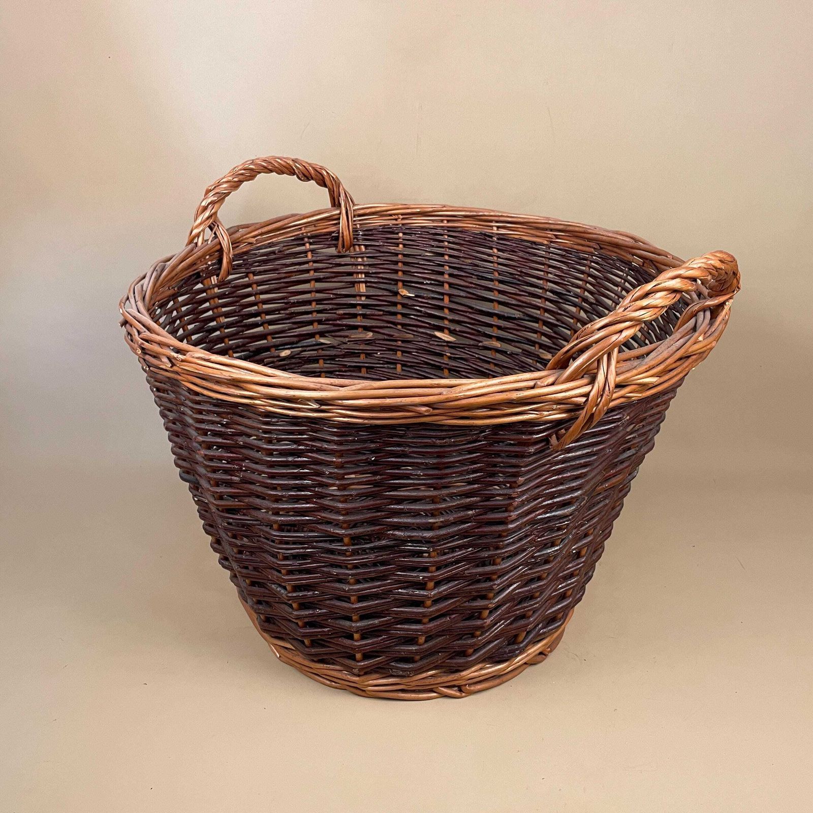 Vintage Round Basket Woven Wicker Brown Antique Storage Farmhouse Cottage Decor Large Cane Wood Handles Logs Fireplace Fire Side 2 Tone photo for sale