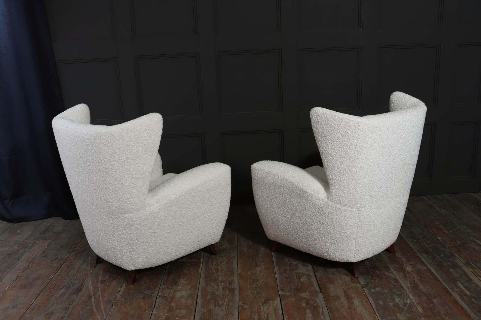 photo for sale Pair Of Italian Mid Century Wingback Armchairs In Bouclé, C. 1950s