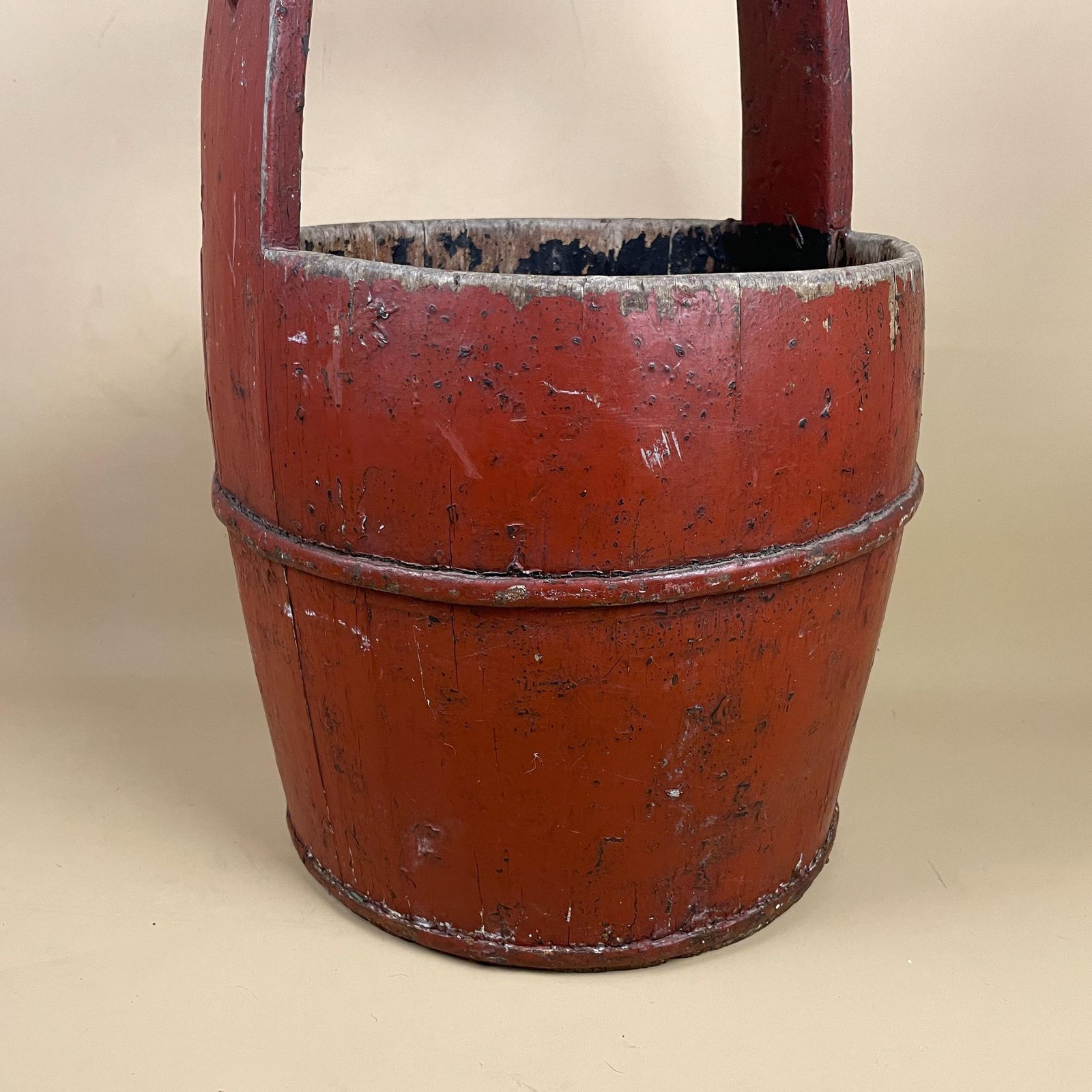 Antique Wooden Barrel Bucket With Handle Large Wall Planter Painted Red Wood Vintage Decorative Planting Bucket Old Aged photo furniture
