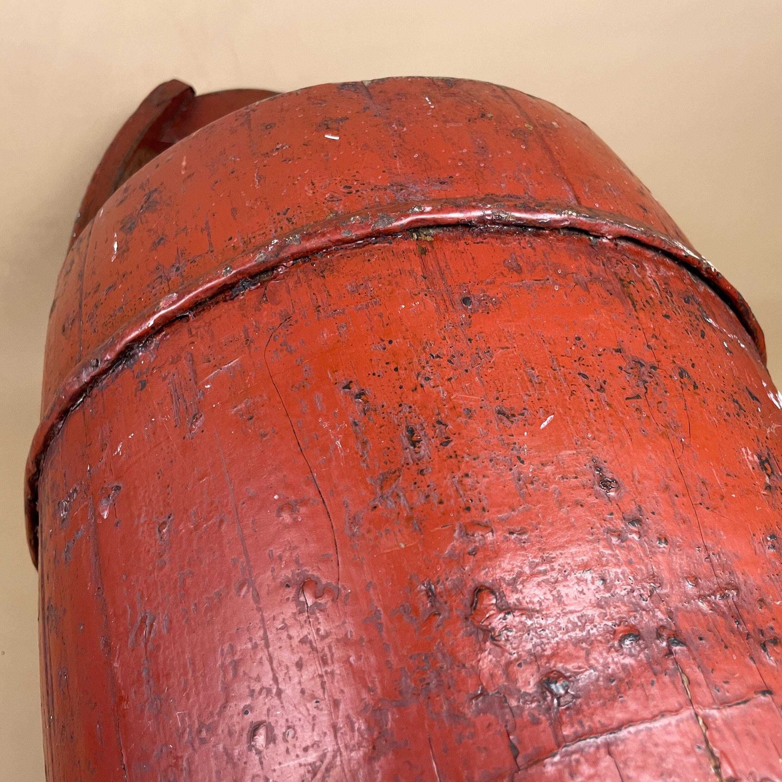 photo for sale Antique Wooden Barrel Bucket With Handle Large Wall Planter Painted Red Wood Vintage Decorative Planting Bucket Old Aged