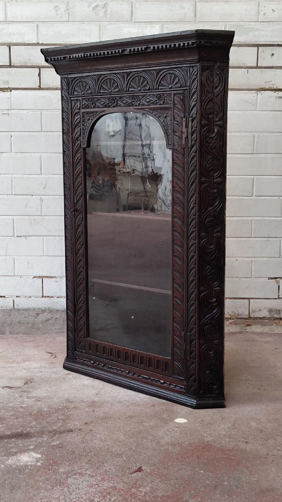 Antique Georgian Solid Dark Oak Hand Carved Corner Cupboard