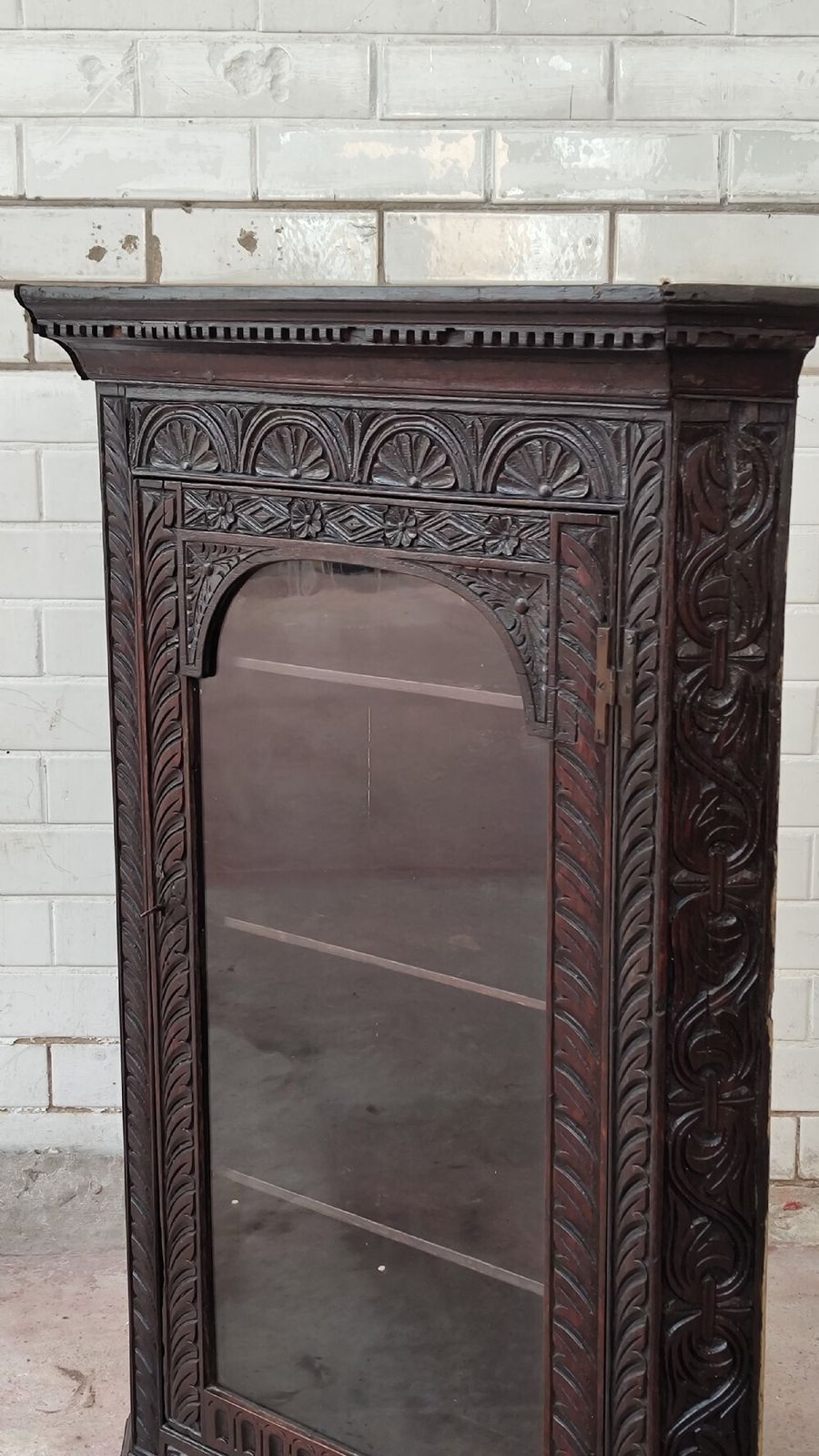 Furniture Antique Georgian Solid Dark Oak Hand Carved Corner Cupboard photo