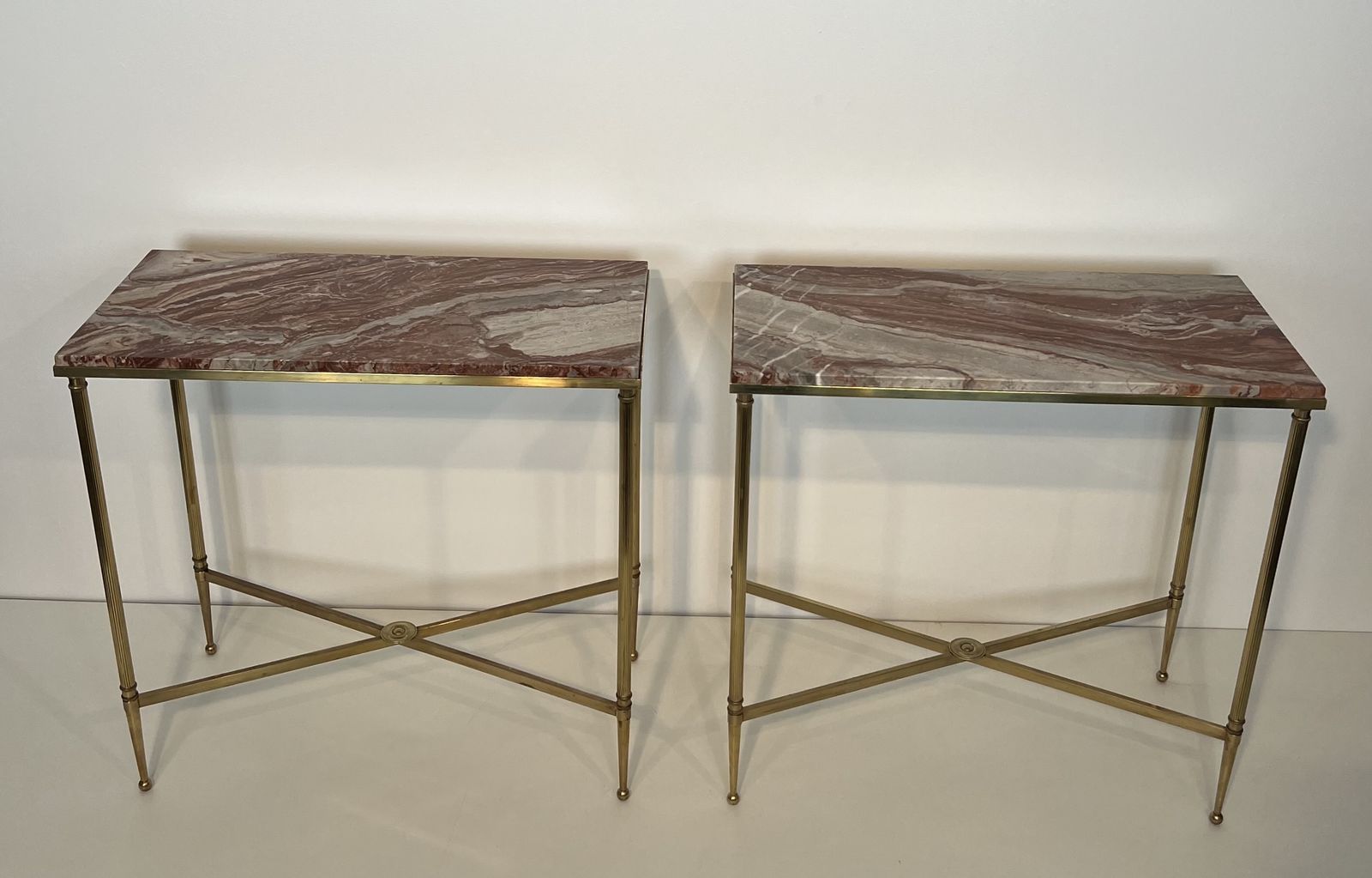 photo for sale Pair Of Neoclassical Style Brass And Marble Top End Tables From Maison Jansen
