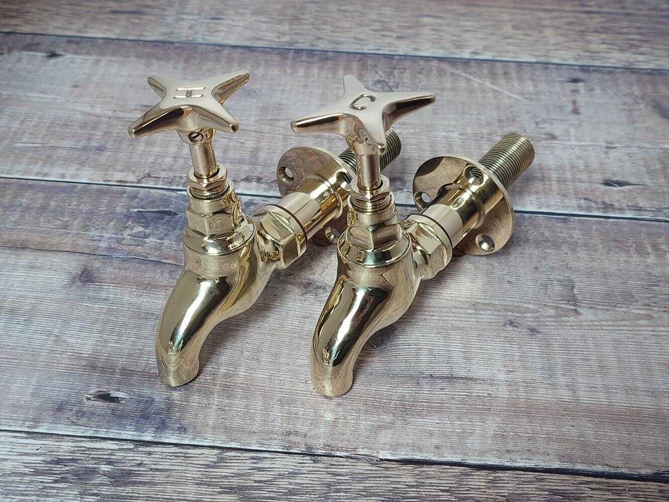 Antique Wall Mounted Brass Bib Taps, Vintage Brass Bib Taps, Ready To Fit Brass Taps, Wall Mounted Faucets