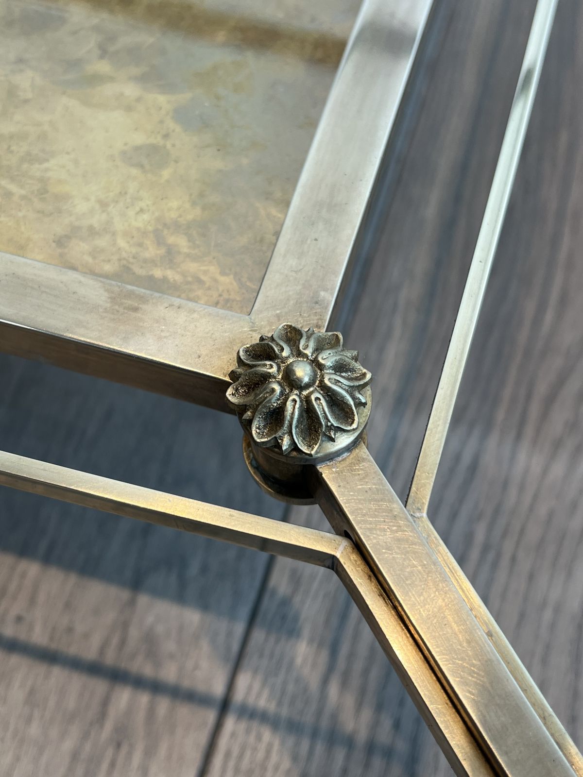 photo for sale Pair Of Neoclassical Style Steel And Brass Side Tables From Maison Jansen