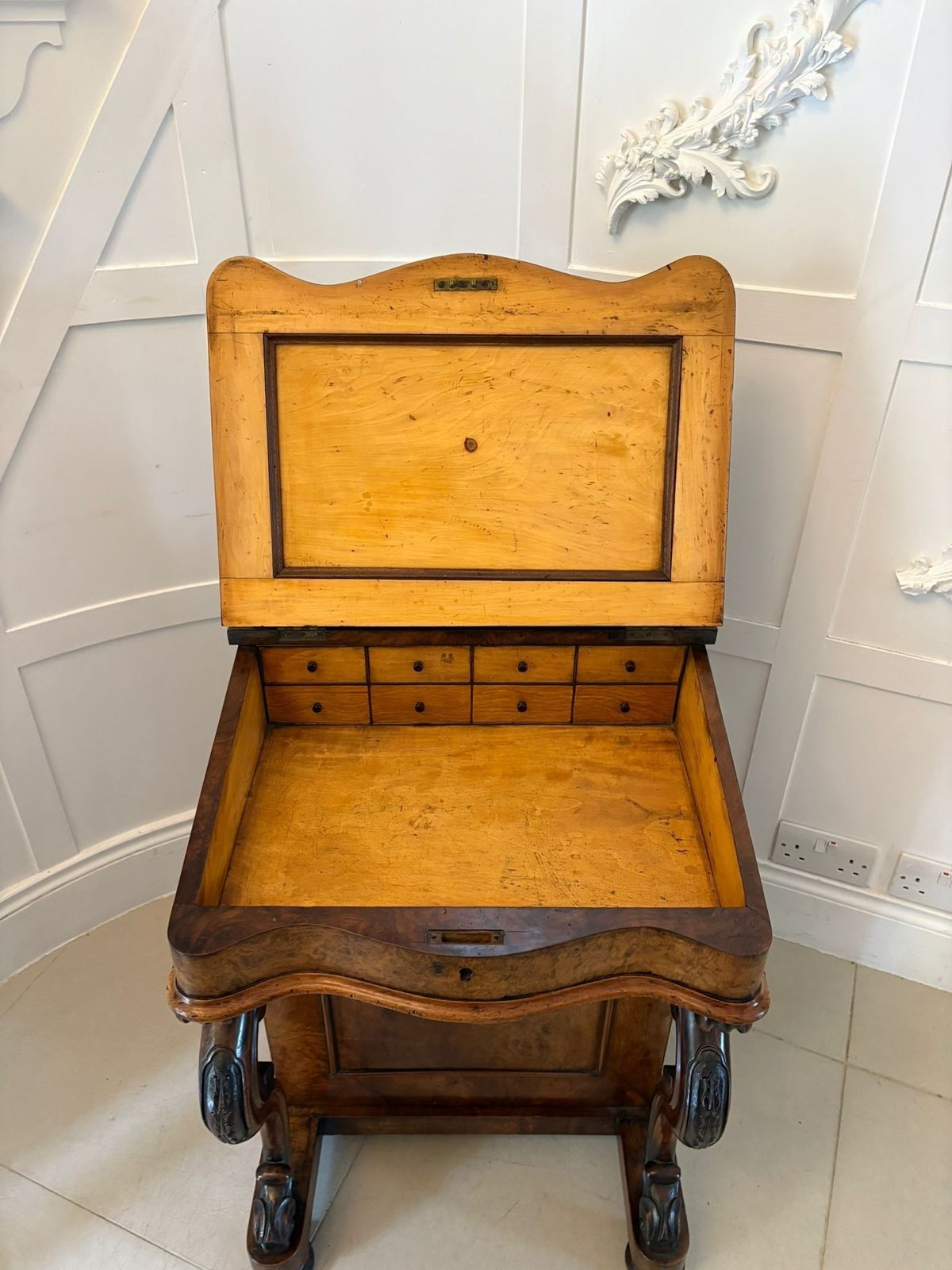 Furniture Antique 19th Century Quality Burr Walnut Freestanding Davenport photo