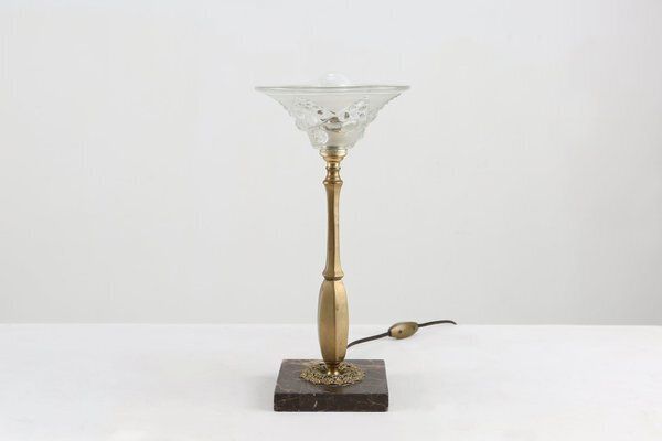Art Nouveau Table Lamp With Brass And Marble Base And Glass Shade, 1920s photo 608.0