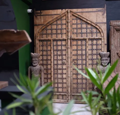 Antique Indian 18th Century Mughal Fort Door – Monumental Arched Teak Wood Entry With Hand Forged Iron Studwork | Indo Islamic Architectural Salvage photo Home Fixtures