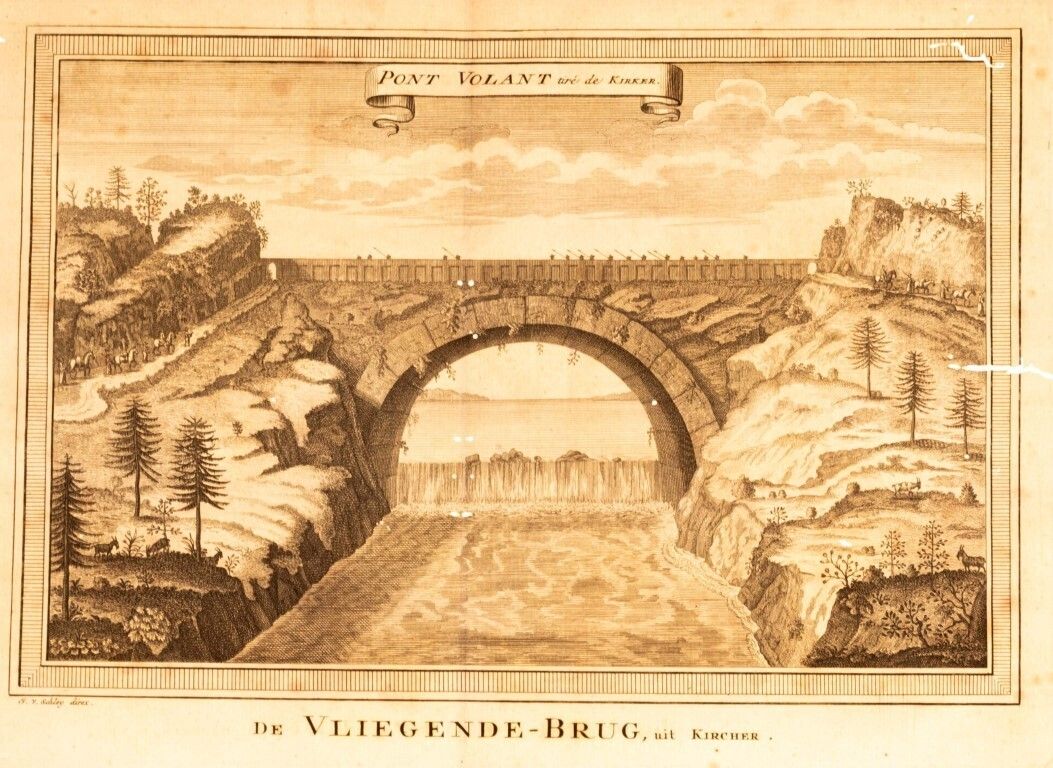 Antique 18th Century Engraving Titled “Flying Bridge” By Jakob Van Der Schley, After Johan Nieuhof