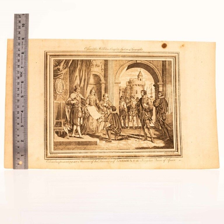 Christoper Columbus Presenting His Discovery To King And Queen Of Spain Engraving photo for sale
