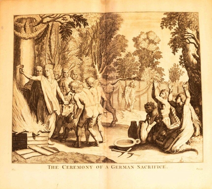 The Ceremony Of A German Sacrifice Antique Engraving 18th Century