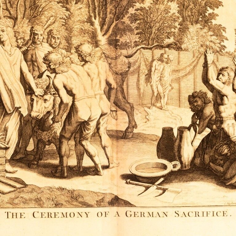 The Ceremony Of A German Sacrifice Antique Engraving 18th Century photo furniture