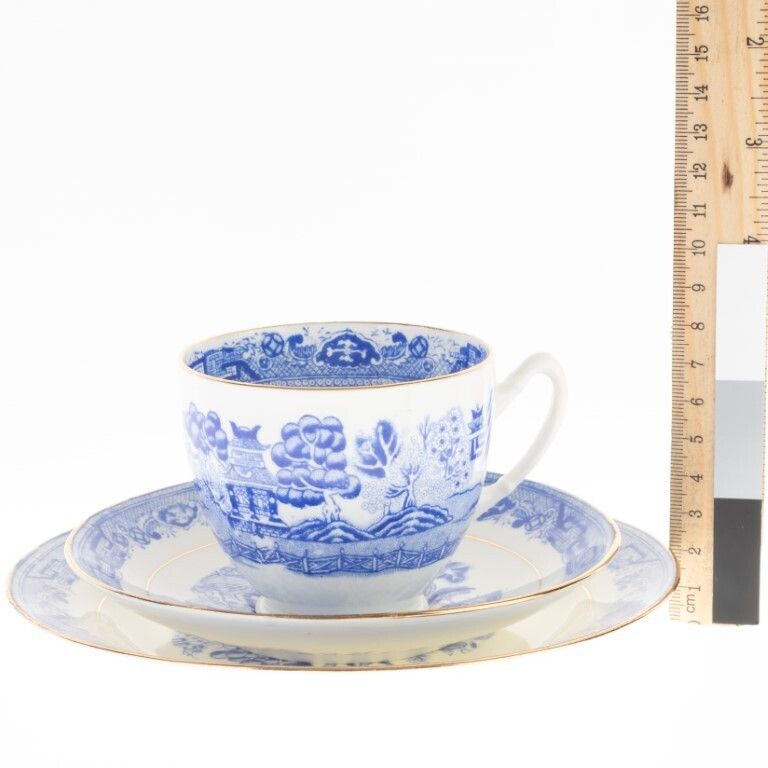 Antique Victorian Blue Willow Porcelain Ceramic Teacup Trio Bridgerton Taylor Kent photo for sale
