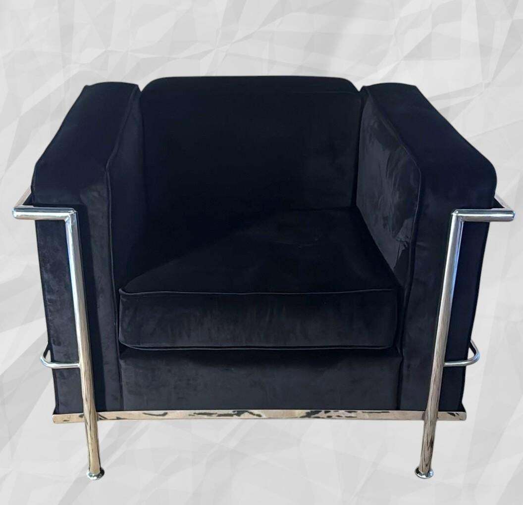 Le Corbusier Style Italian Armchair In Black Velvet With Stainless Steel Frame photo for sale