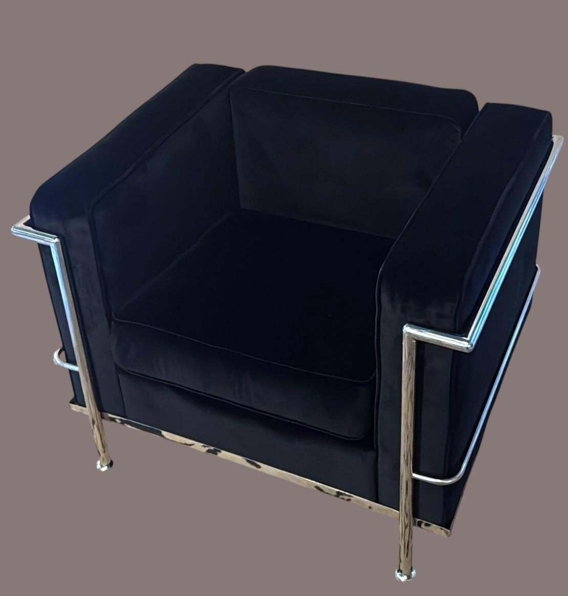 Le Corbusier Style Italian Armchair In Black Velvet With Stainless Steel Frame photo vinterior