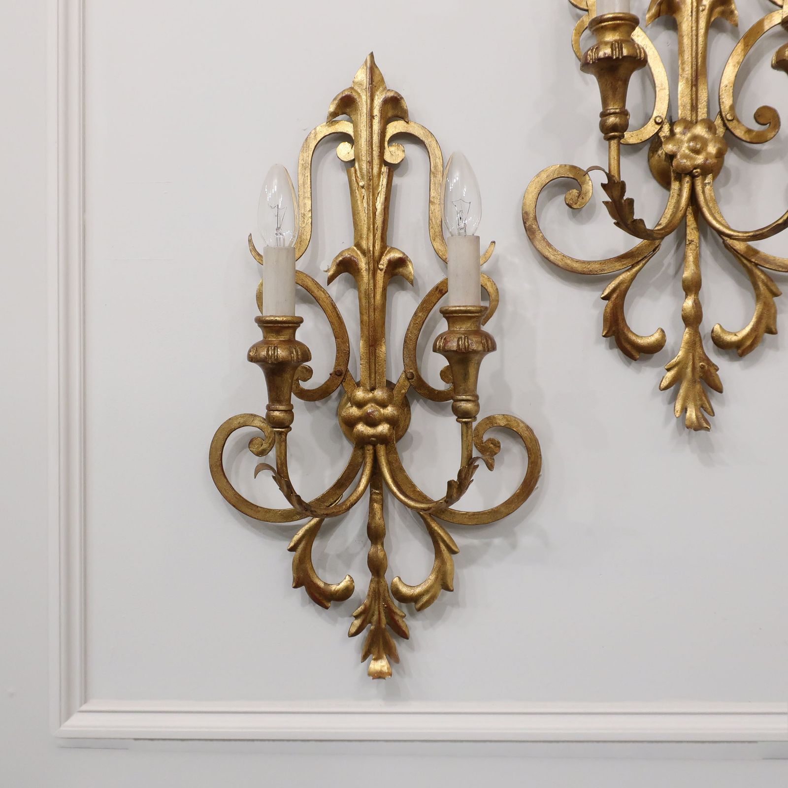 Pair Of Italian Mid Century Gilt Metal Wall Lights By Li Puma Firenze photo furniture