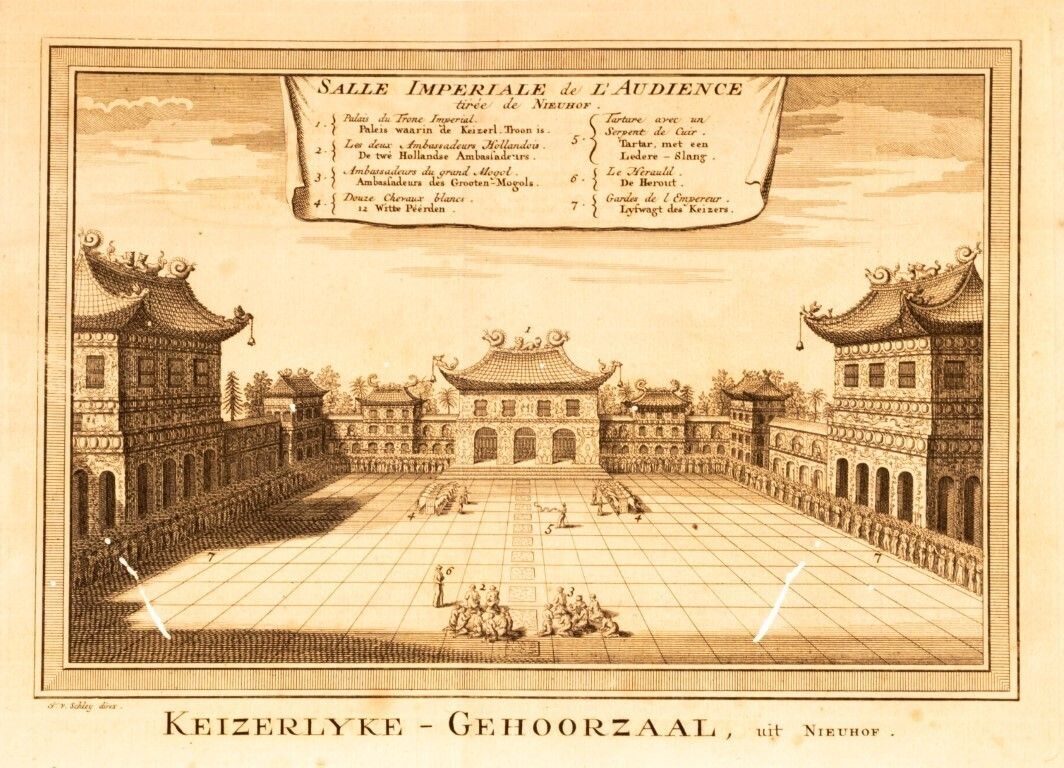 Antique 18th Century Engraving Depicting The Courtyard Of The Forbidden City In Beijing By J. Van Schley