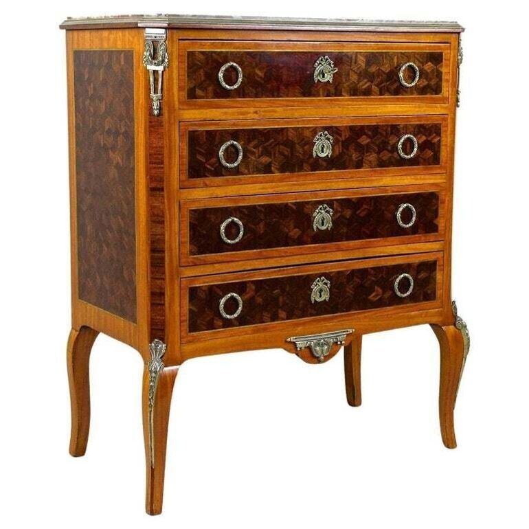 19th Century Marquetry Chest Of Drawers, Transitional Style, France Ca. 1870