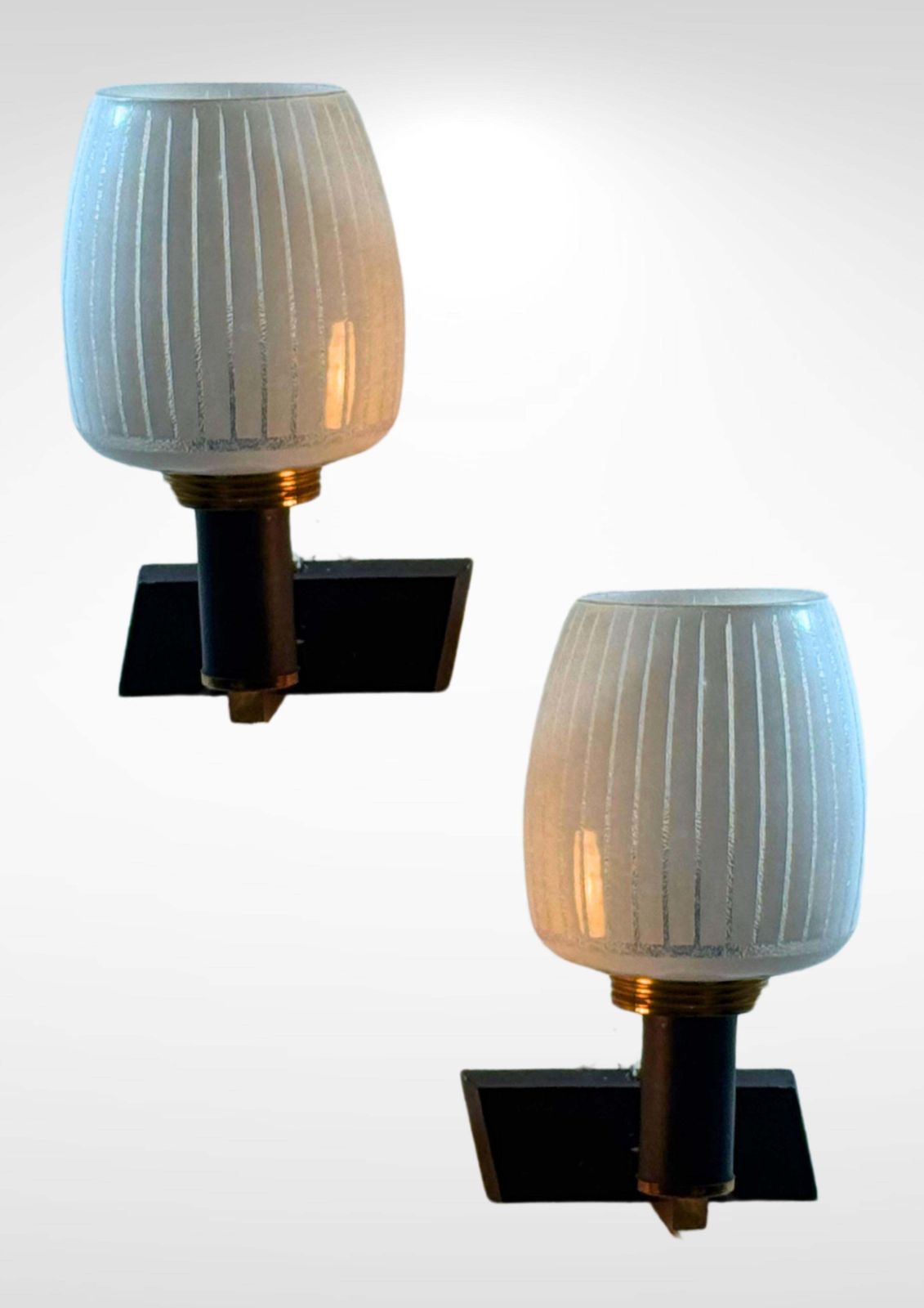 Pair Of Mid Century Italian Frosted Glass And Brass Wall Sconces photo for sale
