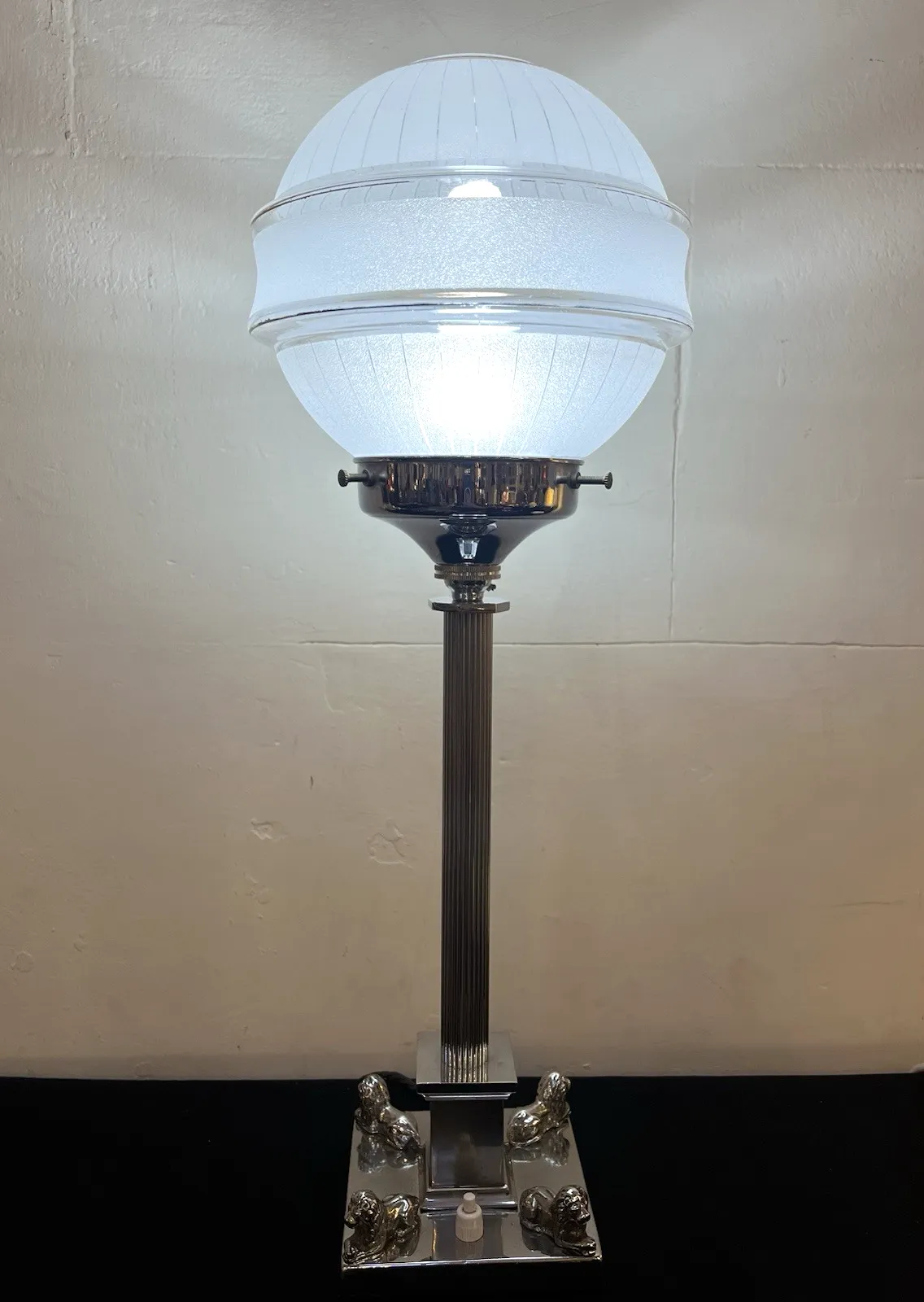1930s Art Deco Metal Nelson Column Table Lamp & Glass Shade Rewired