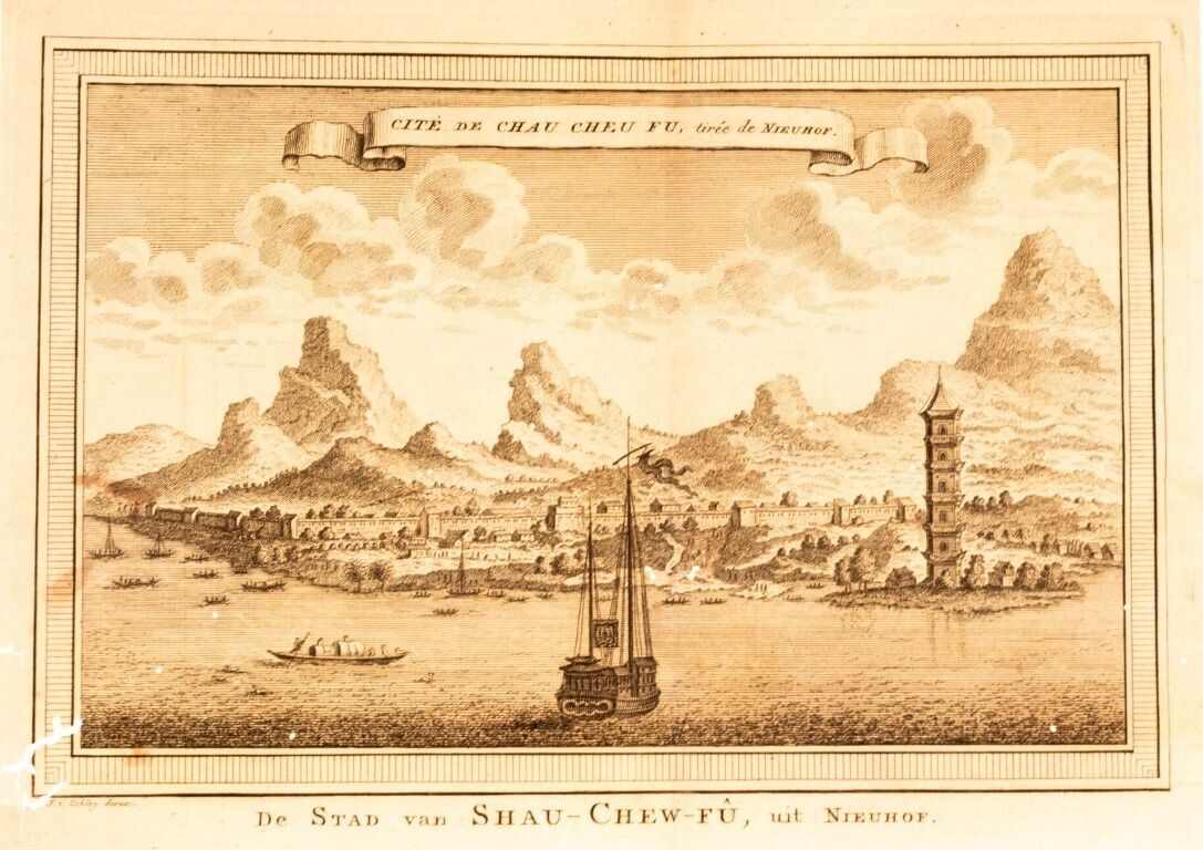 Antique 18th Century Frans De Bakker Engraving Depicting The City Of Chaozhou In Guangdong Province, China