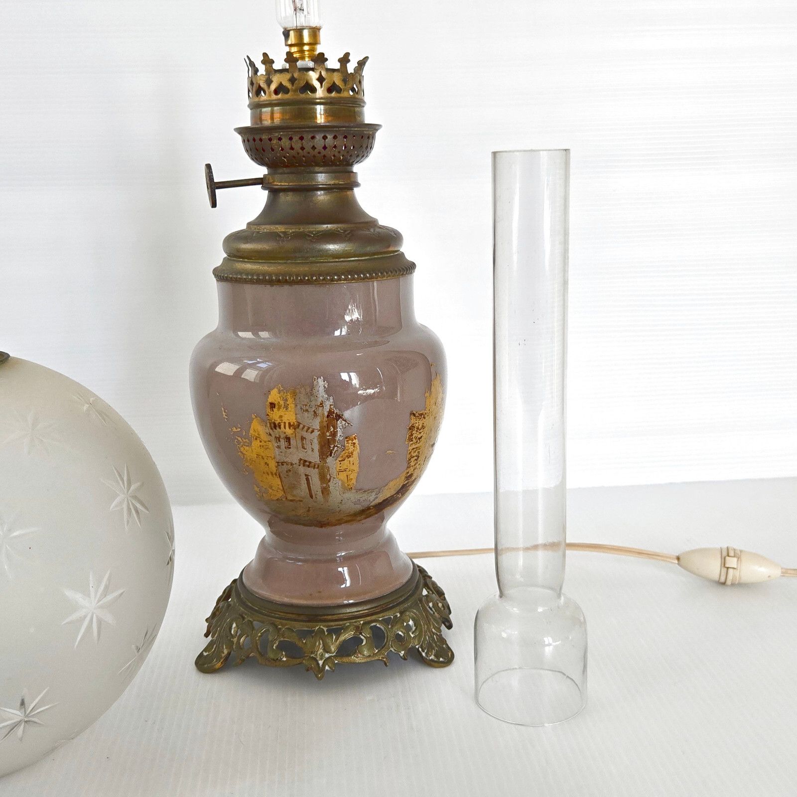 Antique Electrified Oil Lamp Late 19th Century Bronze Ceramic & Glass photo for sale