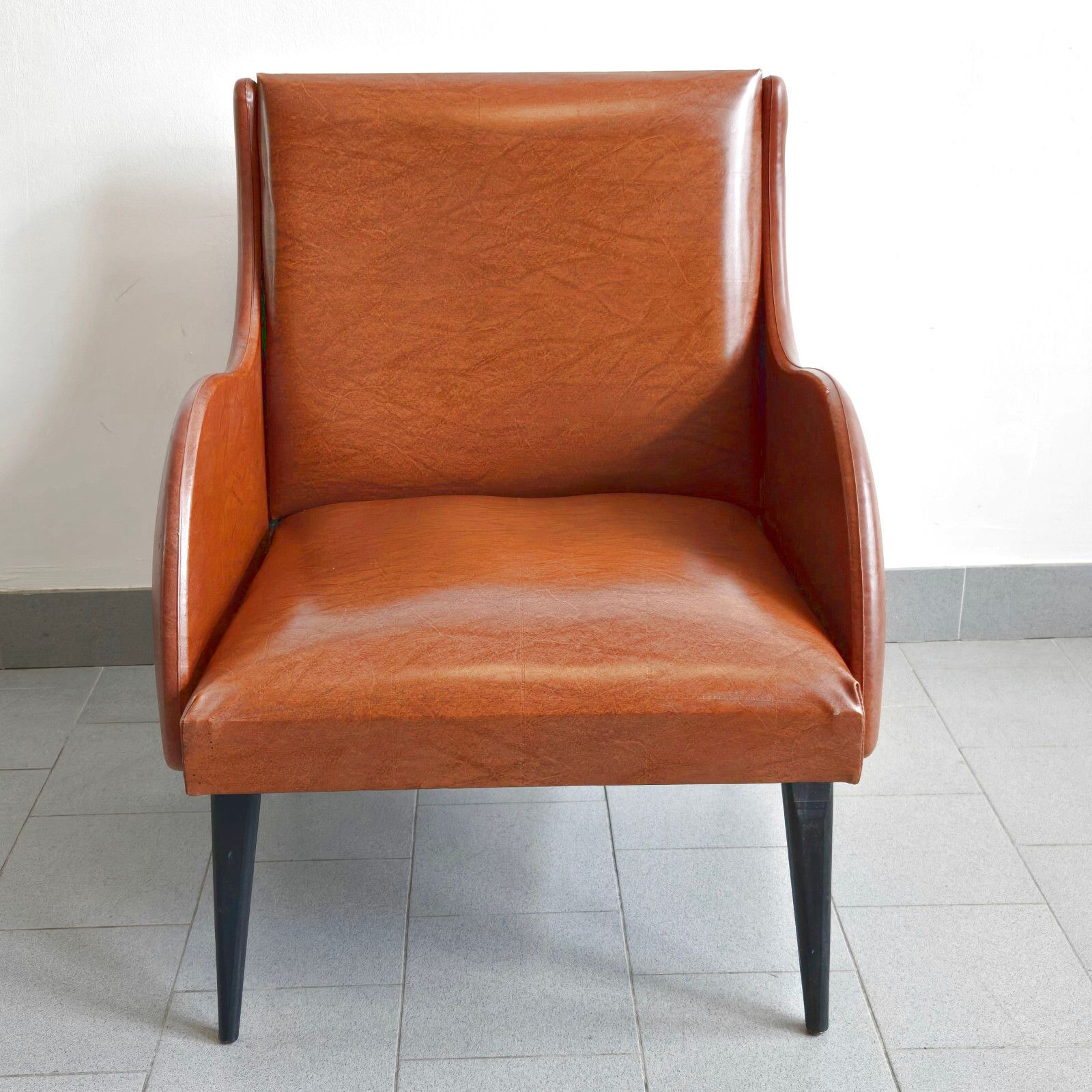 Vintage 1960 French Faux Leather Havana & Black Lacquer Wood Armchair 60s 1960s photo furniture