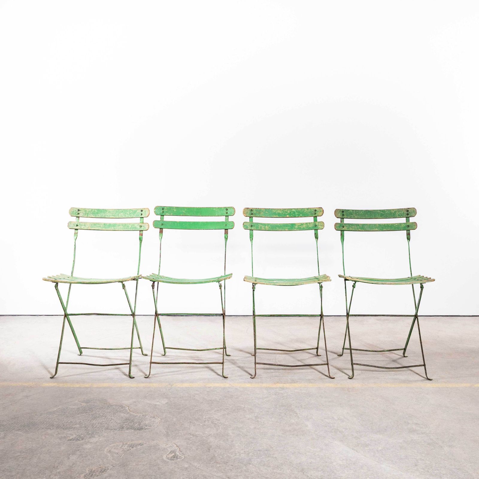 1950's Slatted Green French Outdoor Folding Chairs   Set Of Four
