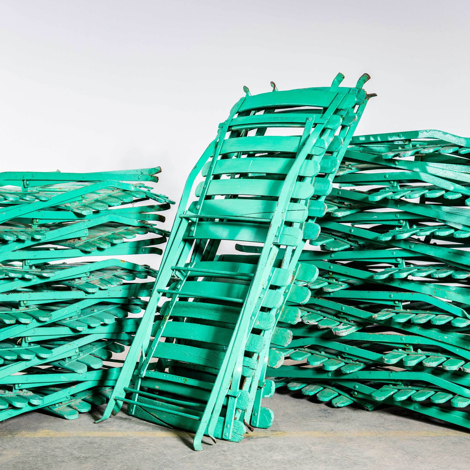 1950’s Slatted Pea Green French Outdoor Folding Chairs – Set Of Six photo for sale
