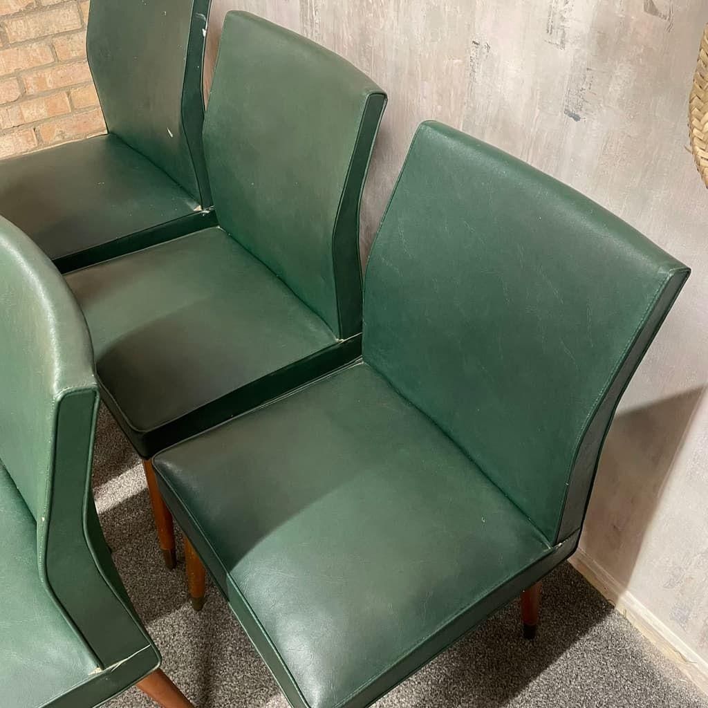 5x Vintage Retro Dining Chairs Faux Leather Tapered Teak Legs Brass Caps photo furniture