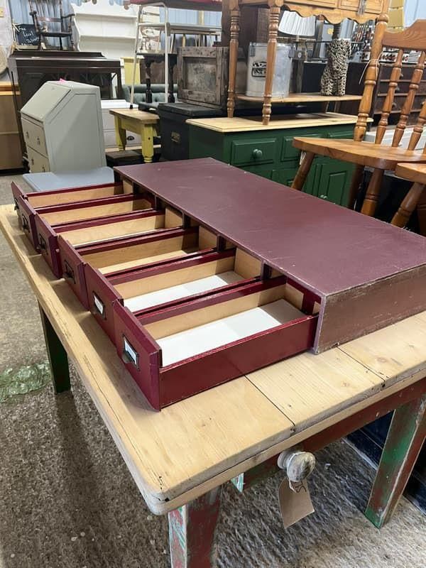Vintage 6 Red Faux Leather Covered Filing Drawers Brass Handles Label Holders photo Furniture