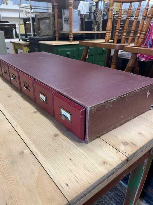Vintage 6 Red Faux Leather Covered Filing Drawers Brass Handles Label Holders photo buy
