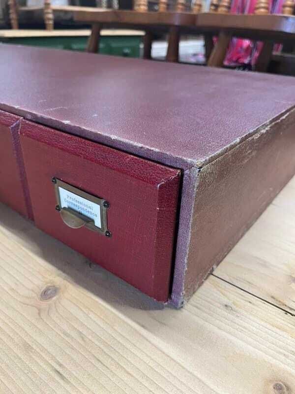 photo furniture Vintage 6 Red Faux Leather Covered Filing Drawers Brass Handles Label Holders