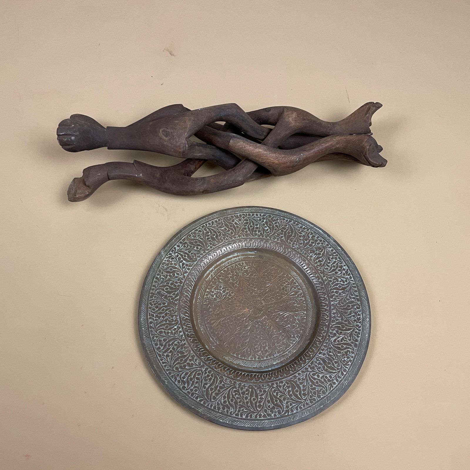 photo for sale Antique Mini Metal Brass Plant Stand Indian Table Top Handmade Patterned Intricate Decorative Vintage Wood Wooden Stand Tray Animal Face