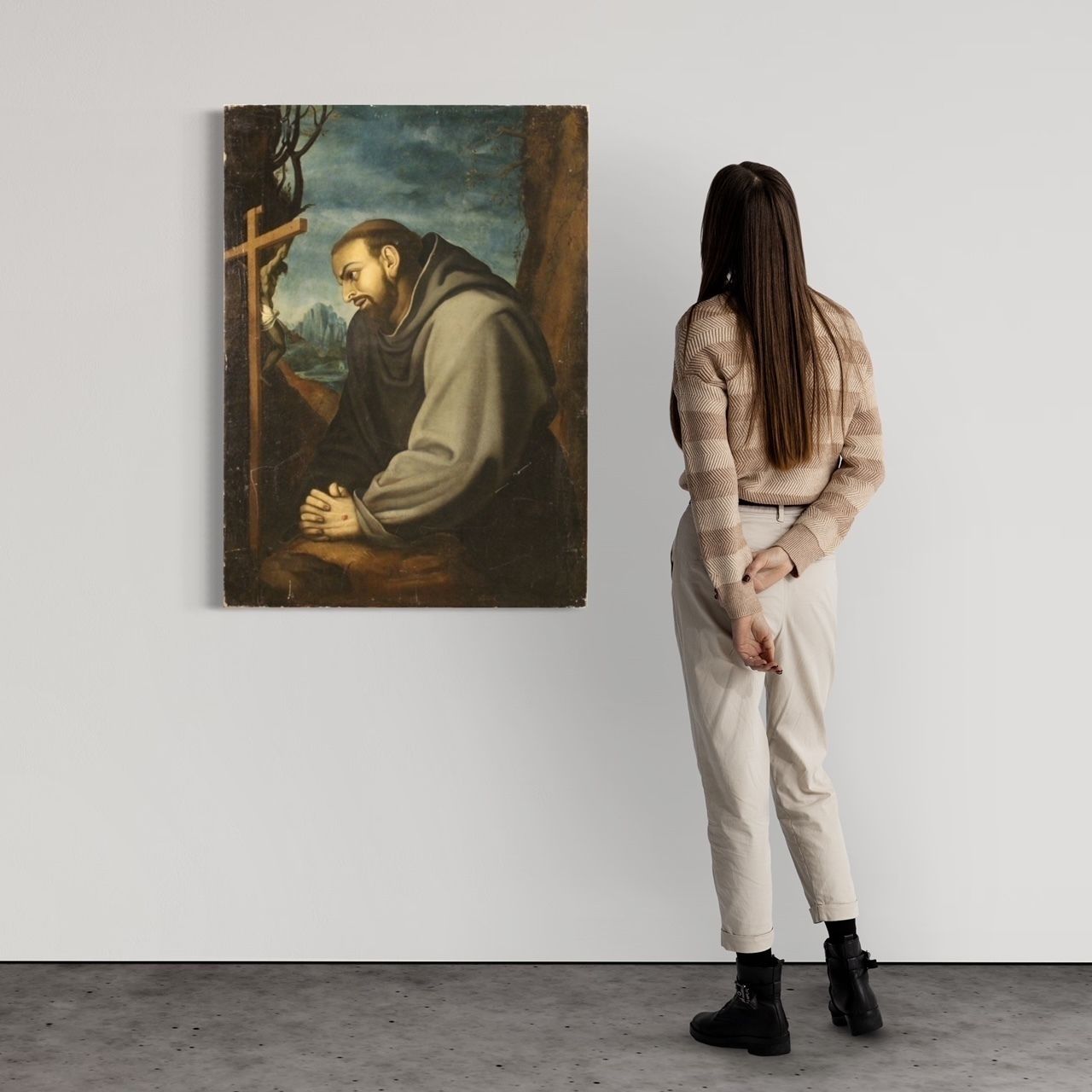 Antique Italian Religious Painting Saint Francis From 18th Century
