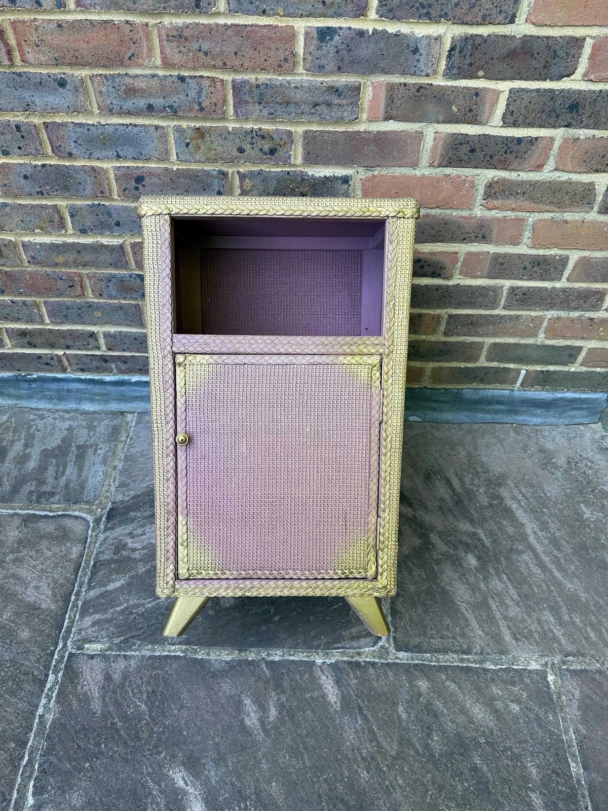 Vintage 1950s Lloyd Loom Style Bedside Cupboard, Pink & Gold Painted Woven Cabinet