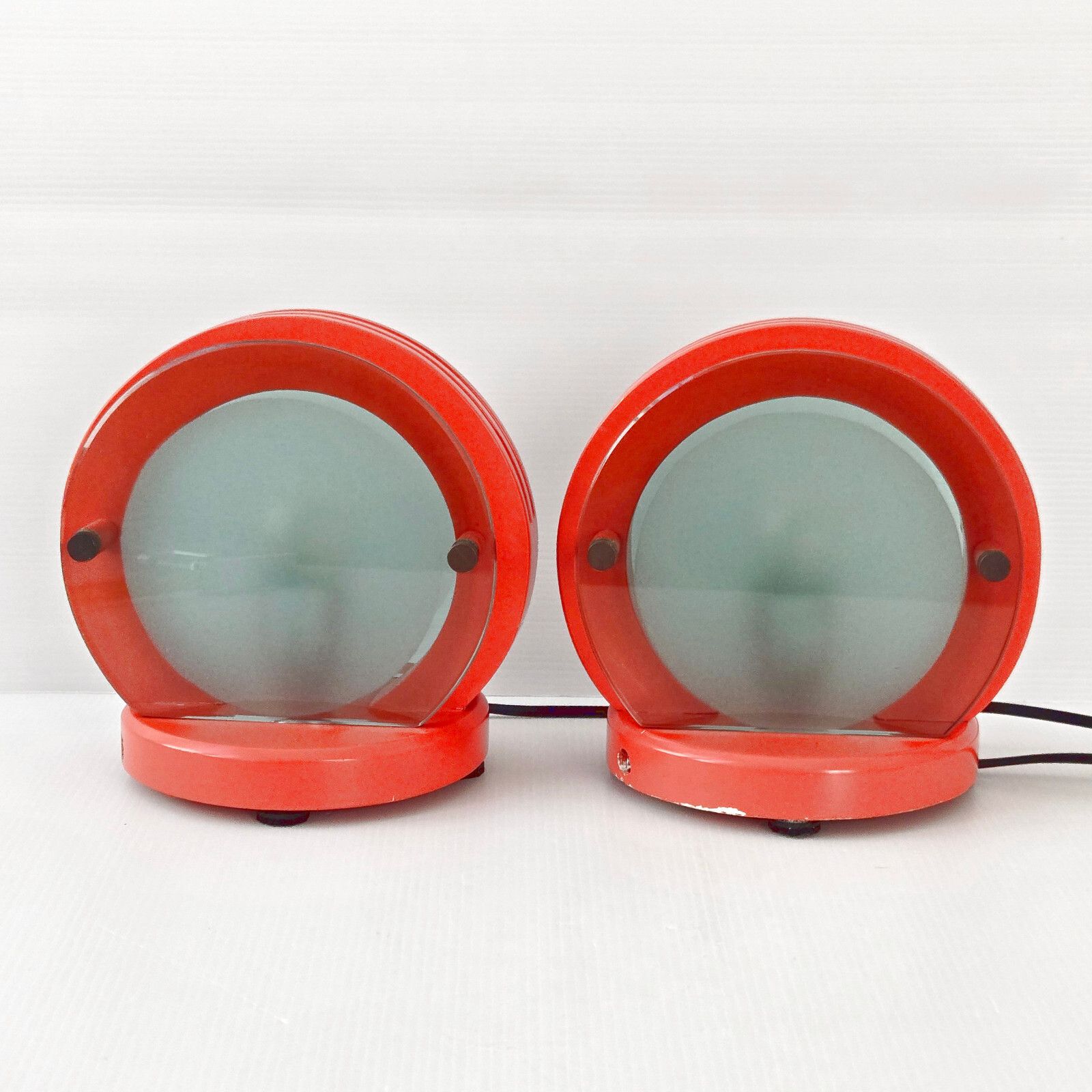Pair Of Vintage 1970 Orange Wood Lacquer Orange & Glass Lamps 70s Space Age photo furniture