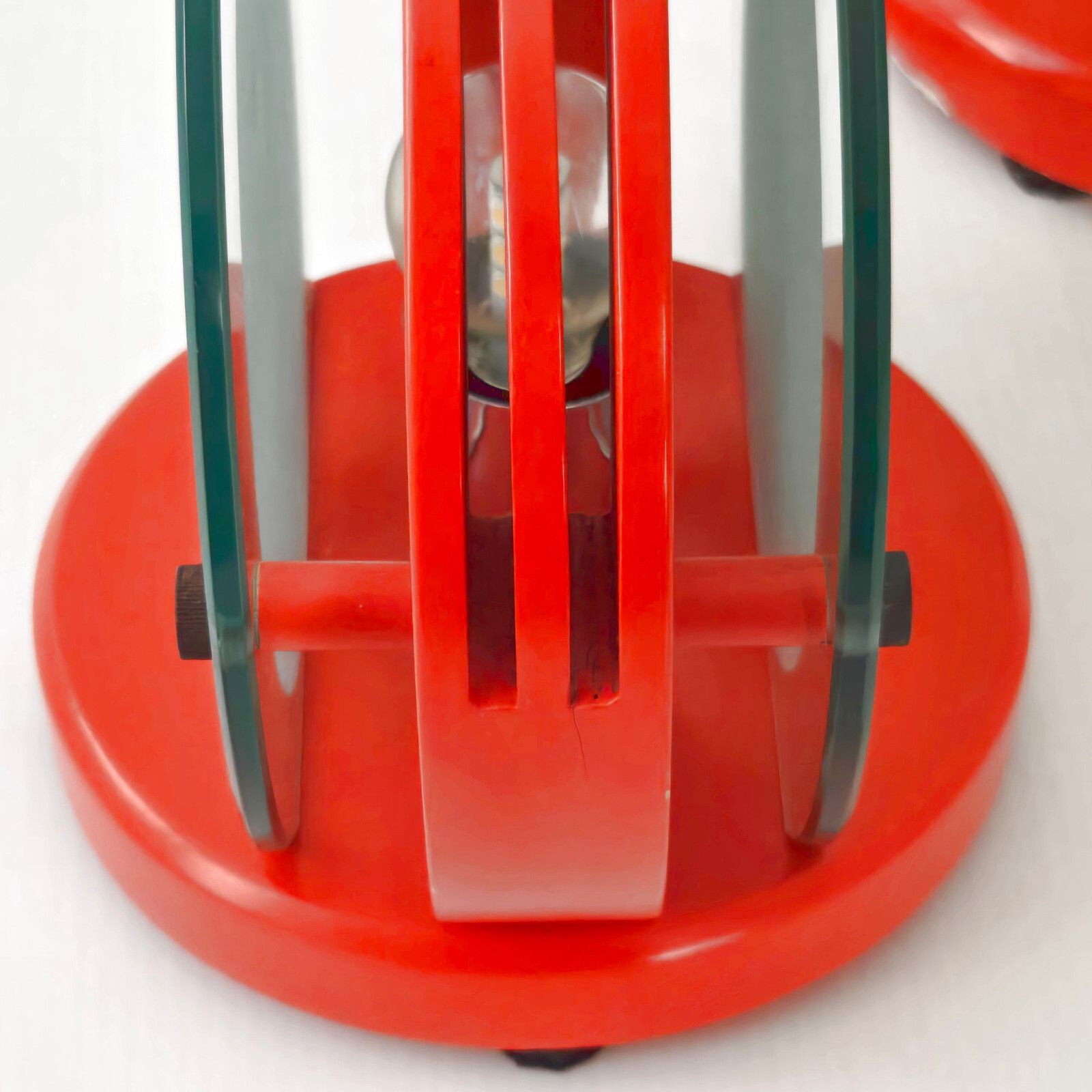 Pair Of Vintage 1970 Orange Wood Lacquer Orange & Glass Lamps 70s Space Age photo vinterior