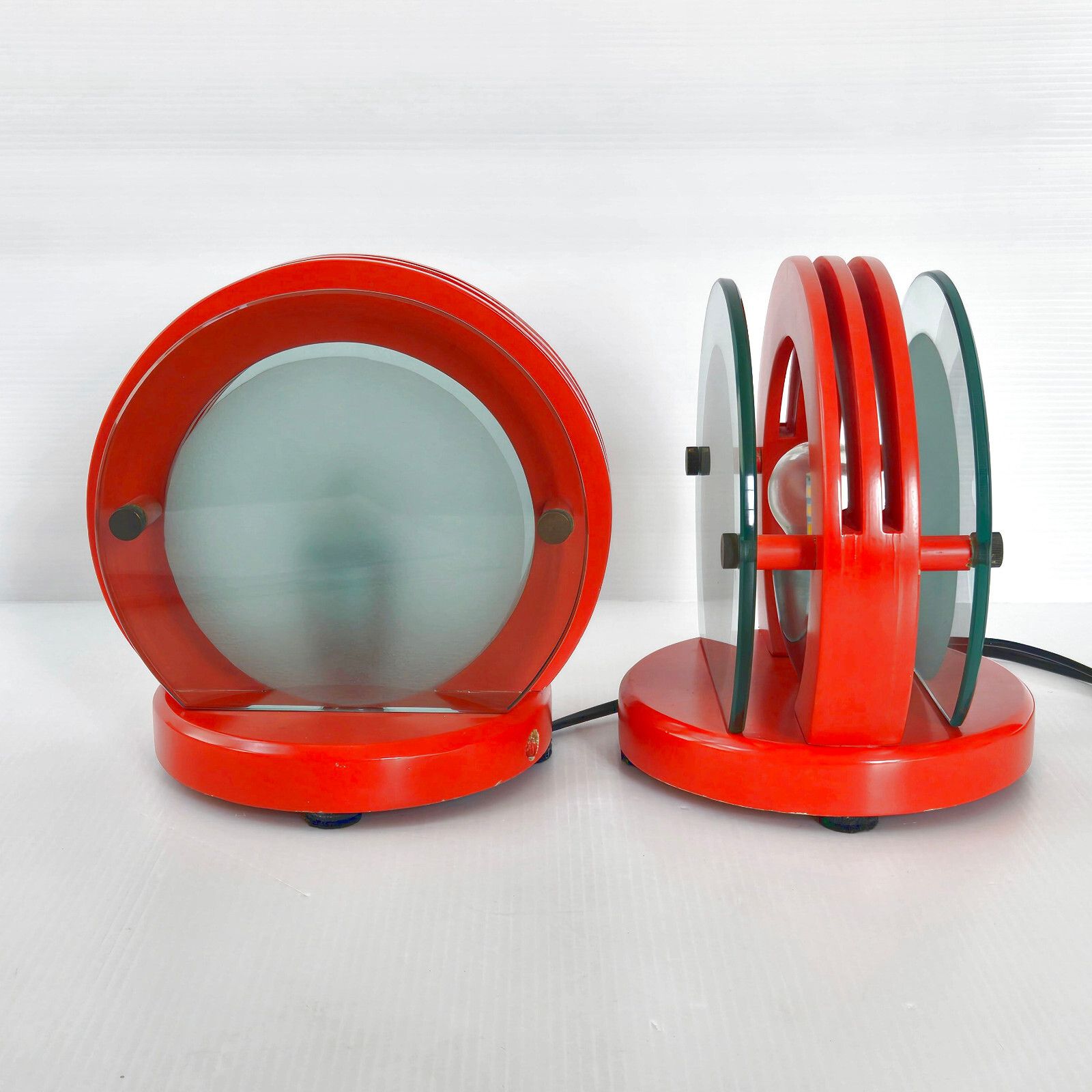 photo furniture Pair Of Vintage 1970 Orange Wood Lacquer Orange & Glass Lamps 70s Space Age
