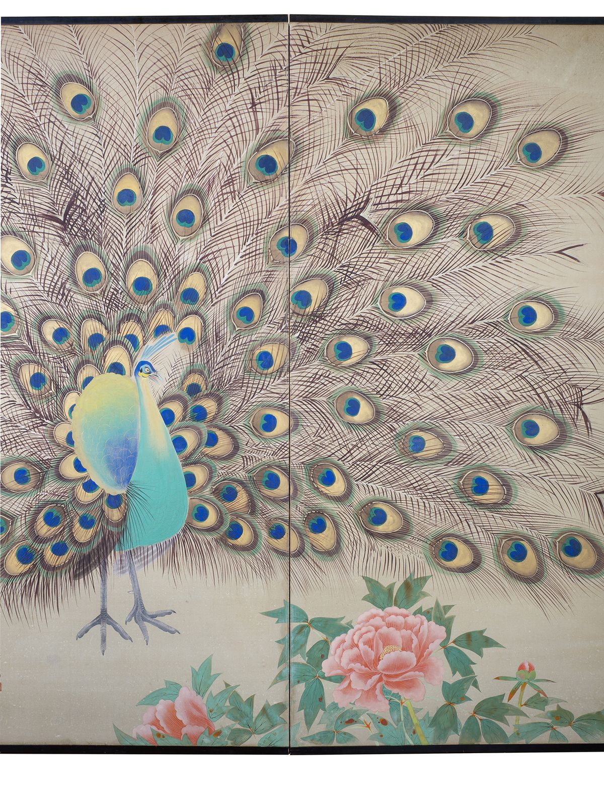 Two Fold Byobu Screen With Peacock And Flowers By Tokiaki photo for sale